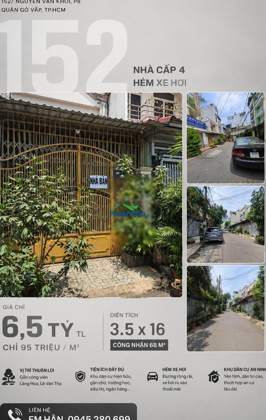 Chỉ 95tr/m2 nhà c4 hxh 152 nguyễn văn khối p8 3.5x16 cn 68m² ngay cv làng hoa giá 6,5 tỷ tl - 3