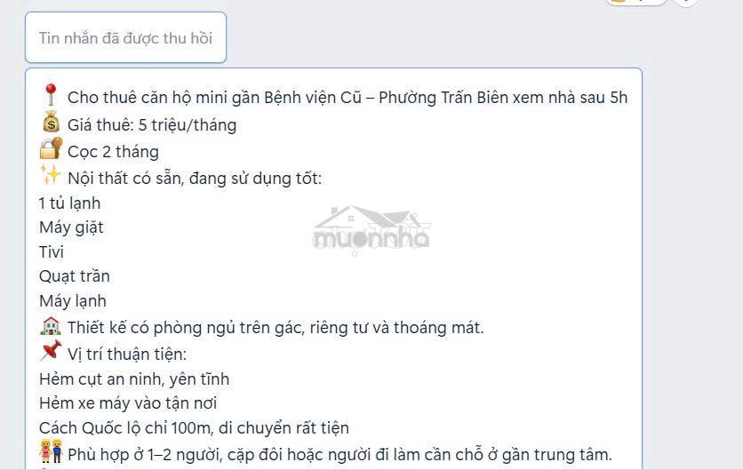 Cho thuê căn hộ phường trấn biên giá 5 triệu - 2