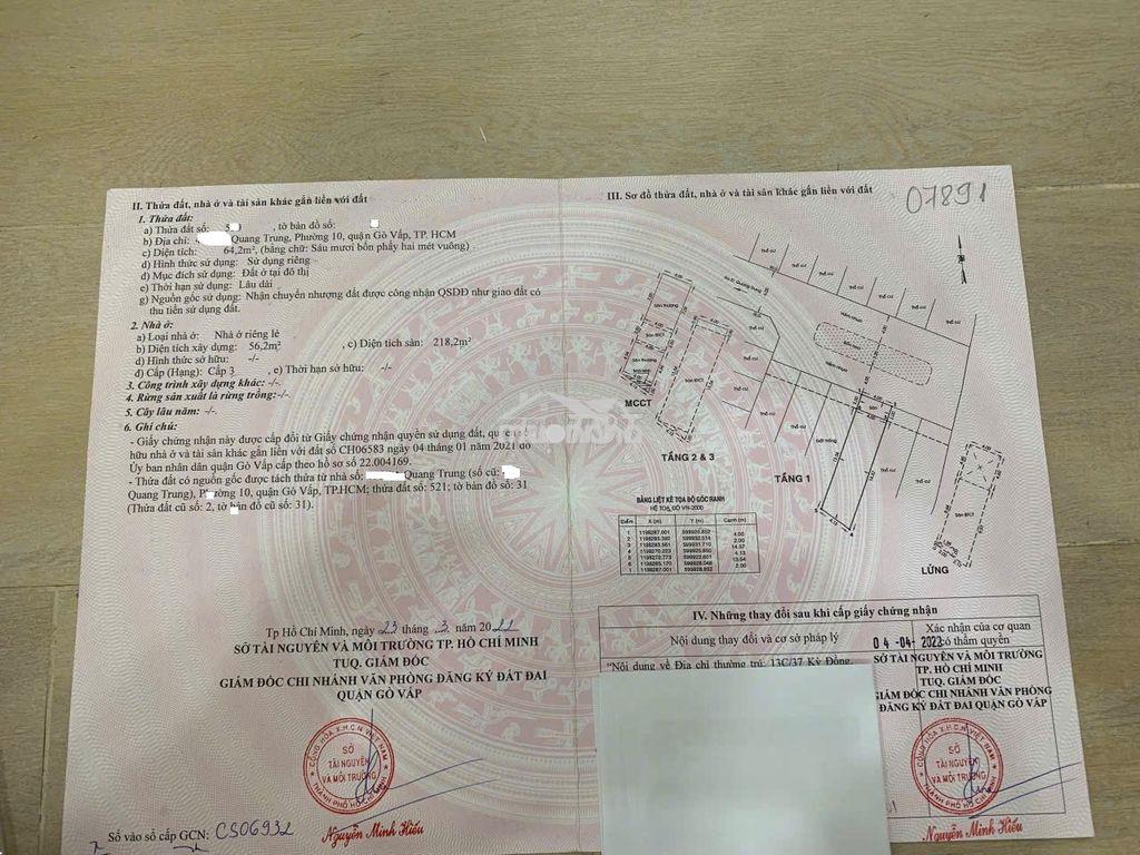 Bán nhà quang trung dt 4 x 16 khu phân lô - giá 10,9ty - 2