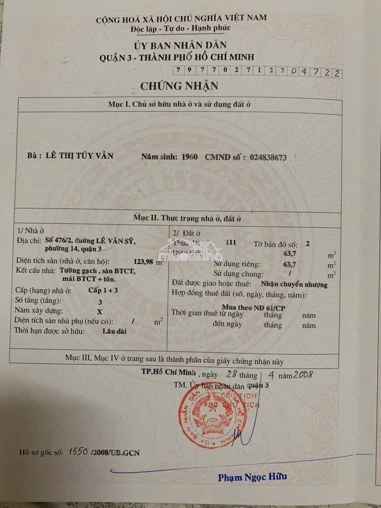 Bán nhà lê văn sỷ q3