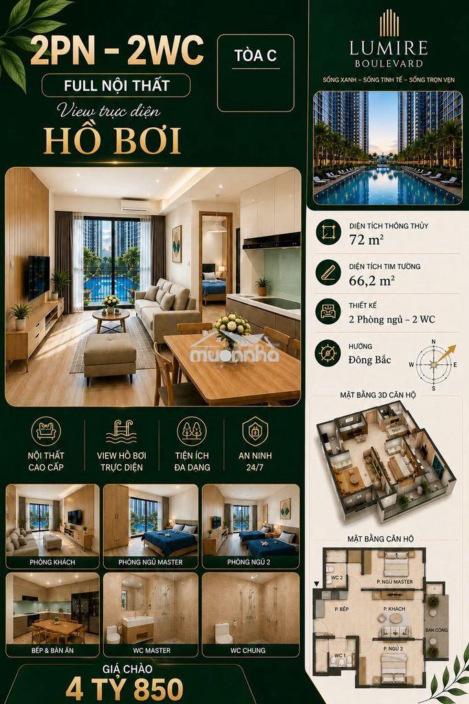 Chủ cần bán gấp,căn 2pn 2wc 72m2 view hồ bơi chỉ 4tỷ850 (thương lượng)